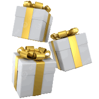 three white gift boxes with gold ribbons and bows on a white background