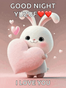 a picture of a bunny holding a heart that says " good night yuzuf i love you "