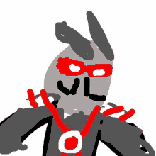 a cartoon drawing of a rabbit wearing a red mask and a red necklace .