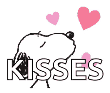 a cartoon of snoopy blowing kisses with pink hearts coming out of his mouth