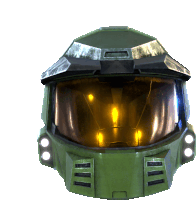 a green helmet with a yellow visor and a few holes in it