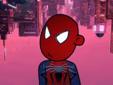 a cartoon drawing of a spider man standing in front of a city skyline