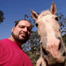 a man in a red shirt stands next to a white horse