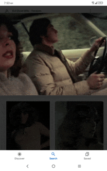 a man and a woman are in a car on a screen that says evil dead wiki fandom