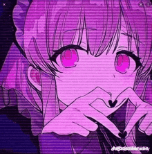 a purple anime girl with pink eyes is making a heart shape with her hands .