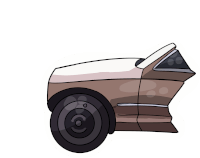 a cartoon drawing of a brown car with a black tire