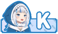 a picture of a girl with a shark head and the letter k below her