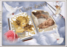 a greeting card with angels and a baby in a book