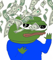 a frog with a blue shirt is surrounded by dollar bills that say united states of america