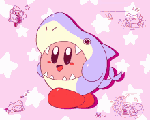 a drawing of kirby dressed in a shark costume