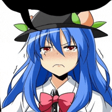 a blue haired anime girl with a hat and a bow tie is crying .