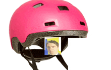 a pink helmet with a picture of a man on the side