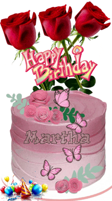 a pink birthday cake with the name martha written on it