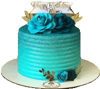 a blue cake with blue flowers and a happy birthday mom sign