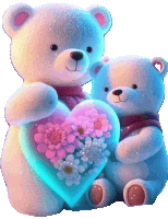 a couple of teddy bears holding a heart shaped box with flowers in it