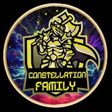 a logo for the constellation family with a knight holding a sword