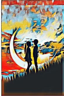 a painting of a boy and a girl standing next to a crescent moon