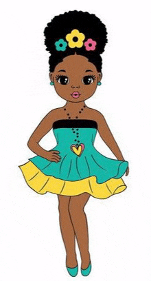 a cartoon illustration of a black girl in a blue and yellow dress with flowers in her hair .