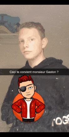 a cartoon of a man with red hair and an eye patch says ceci te convient monsieur gaston