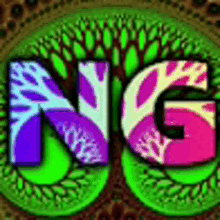 the letters ng are surrounded by trees and leaves on a green and purple background .