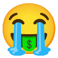 a smiley face with tears coming out of its eyes and a green dollar sign in its mouth