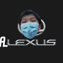 a person wearing a face mask in front of the lexus logo