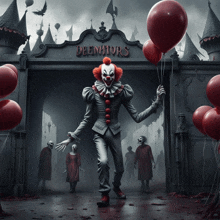 a clown holding red balloons stands in front of a sign that says predators