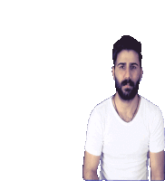 a man with a beard wearing a white t-shirt