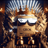 a robot sitting on a throne with the word grok on its face