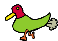 a cartoon drawing of a green bird with a red head and a yellow beak