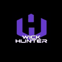 a wick hunter logo with a purple hexagon on a black background