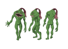 three different views of a green monster with a ponytail on its head