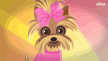 a cartoon of a dog with a pink bow on it