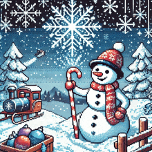 a pixel art of a snowman with a candy cane