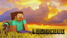 a picture of a minecraft character sitting in a field with the words logixcube below it