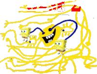 a drawing of spongebob and a monster with spaghetti arms