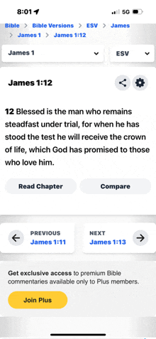 a screenshot of a bible app with a yellow join plus button at the bottom