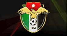 a logo for the jordan football association with an eagle on top of a soccer ball