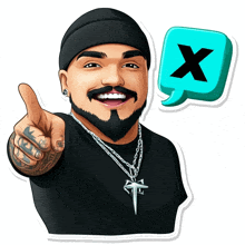 a man giving a thumbs up next to a speech bubble with the letter x