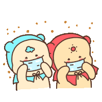 a cartoon of two bears wearing face masks and a blue hat