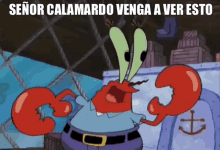 a cartoon of a crab with the words " señor calamardo venga a ver esto "