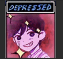 a cartoon of a boy with purple hair and a sign that says depressed on it .