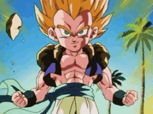 a cartoon character from dragon ball z is standing in front of a palm tree with his fists in the air .