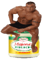 a muscular man is sitting on top of a can of mayonnaise