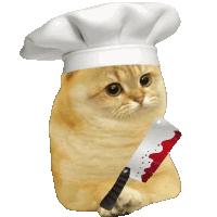 a cat in a chef 's hat is holding a bloody knife