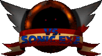 a logo for sonic exe with a red white and blue banner