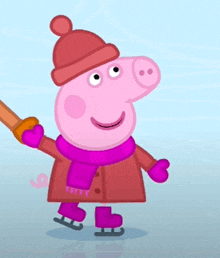 a cartoon pig wearing a hat and scarf is skating