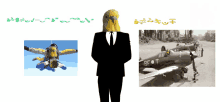 a man in a suit with a bird on his head stands next to a picture of a plane with the letters bf on it