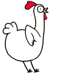 a cartoon chicken with a red comb and a yellow beak is standing on a white background .