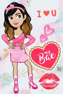 a girl in a pink dress is standing next to a heart that says i love you my bie